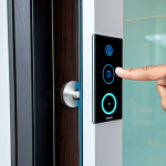A professional Malaysian individual in a modest business shirt, gracefully unlocking a sleek, modern smart home door with a subtle finger scan on an integrated biometric panel. The background reveals a contemporary living room bathed in soft, natural light, symbolizing seamless technology integration in daily life in Kuala Lumpur. perfect anatomy, natural proportions, natural pose, well-formed hands, proper finger count, natural body proportions, professional photography, high quality, safe for work, appropriate content, fully clothed, professional, modest, family-friendly.