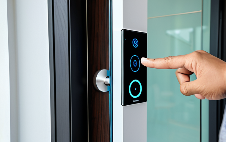 A professional Malaysian individual in a modest business shirt, gracefully unlocking a sleek, modern smart home door with a subtle finger scan on an integrated biometric panel. The background reveals a contemporary living room bathed in soft, natural light, symbolizing seamless technology integration in daily life in Kuala Lumpur. perfect anatomy, natural proportions, natural pose, well-formed hands, proper finger count, natural body proportions, professional photography, high quality, safe for work, appropriate content, fully clothed, professional, modest, family-friendly.