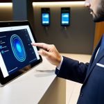 A professional businessman in a modest business suit, discreetly placing his finger on a sleek fingerprint scanner integrated into a digital banking tablet. The setting is a clean, modern bank lobby with soft, ambient lighting, emphasizing secure online banking. fully clothed, appropriate attire, modest clothing, safe for work, appropriate content, professional, perfect anatomy, correct proportions, natural pose, well-formed hands, proper finger count, natural body proportions, professional photography, high quality.