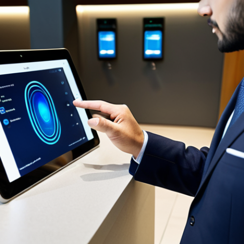 Home 6 A professional businessman in a modest business suit, discreetly placing his finger on a sleek fingerprint scanner integrated into a digital banking tablet. The setting is a clean, modern bank lobby with soft, ambient lighting, emphasizing secure online banking. fully clothed, appropriate attire, modest clothing, safe for work, appropriate content, professional, perfect anatomy, correct proportions, natural pose, well-formed hands, proper finger count, natural body proportions, professional photography, high quality.