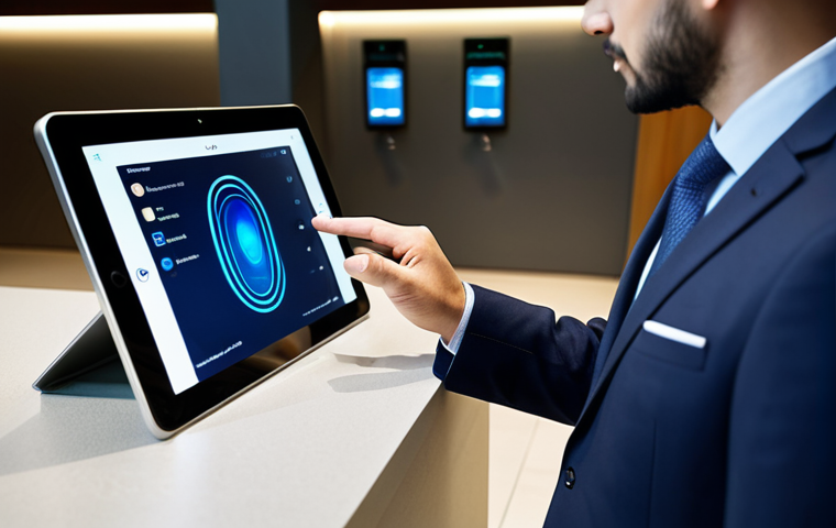 A professional businessman in a modest business suit, discreetly placing his finger on a sleek fingerprint scanner integrated into a digital banking tablet. The setting is a clean, modern bank lobby with soft, ambient lighting, emphasizing secure online banking. fully clothed, appropriate attire, modest clothing, safe for work, appropriate content, professional, perfect anatomy, correct proportions, natural pose, well-formed hands, proper finger count, natural body proportions, professional photography, high quality.